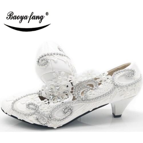 BaoYaFang White flower crystal womens wedding shoes New Bride Fashion shoes woman High heels Pumps Bridal party dress shoes