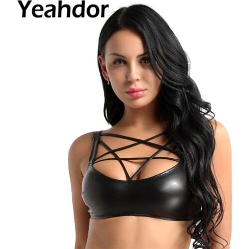 Womens Wetlook Faux Leather Lingerie Bra Tops Sleeveless Strappy Pentagon Detail Front Bandeau Crop Tops Bralette Tops Clubwear