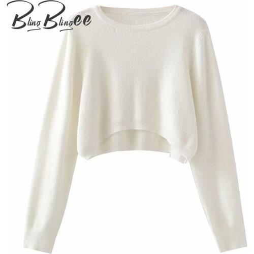 BlingBlingee Autumn Crew Neck Crescent Hem White Knit Jumpers Woman Casual Cropped Sweaters Female High Low Tops Pullovers 2021