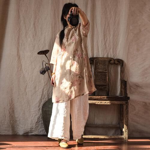 Women Loose Ramie Dress Ladies VIntage Printed Ramie Dresses Female Chinese Style Loose Dress Spring Summer