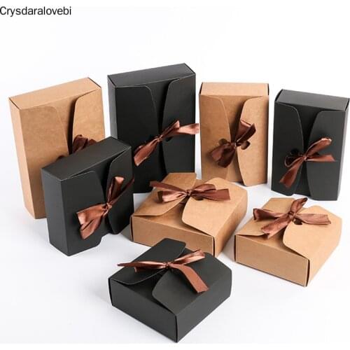 20pcs Kraft Paper Business Gift Box With Bow Nougat Handmade Biscuit Box Christmas Candy Package Baby Show Party Supplies