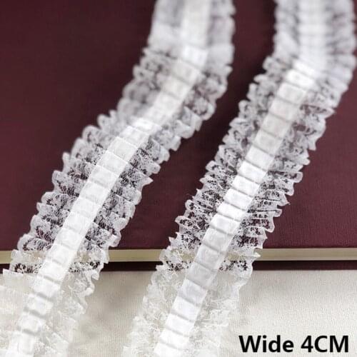 4CM Wide White Black Satin Mesh Pleated Lace Fabric Embroidered Ribbon Collar Fringe Edge Lace Trim Dress Apparel Sewing Decor