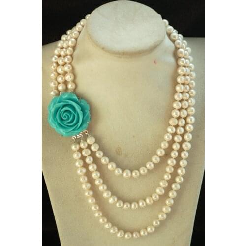3rows freshwater pearl white 8-9mm necklace 18-22inch FPPJ wholesale beads nature red and green flower clasp