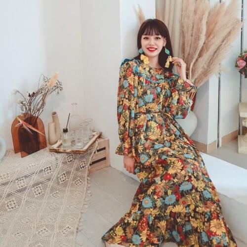 Hippie Boho Bohemian Spring Sun Flower Print Vintage Retro Ruffle Layer Petal Sleeve Elagent Holiday Dress Women Beach Dress