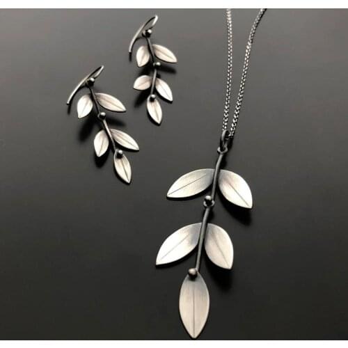 Boho Forest Jewelry Set for Women Girl Tribal Silver Color Plant Vines Leaf Statement Dangle Earrings Chain Necklace