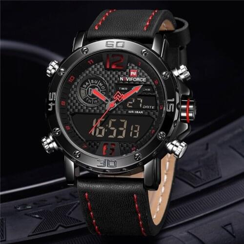 NAVIFORCE Men Wristwatches Mens Quartz LED Digital Watch Genuine Leather Sports Watches Military Wrist Watch Relogio Masculino