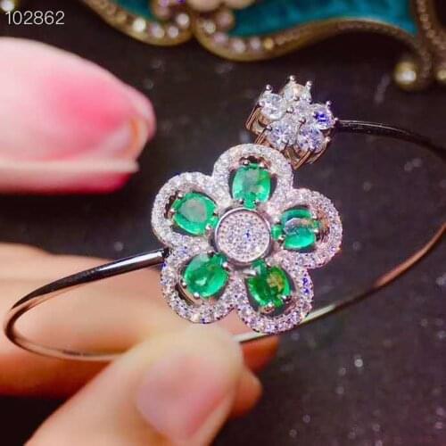 Flower 100% Natural And Real Emerald bangle Bracelet Solid S925 Sterling Silver For Women Color Fine Jewelry