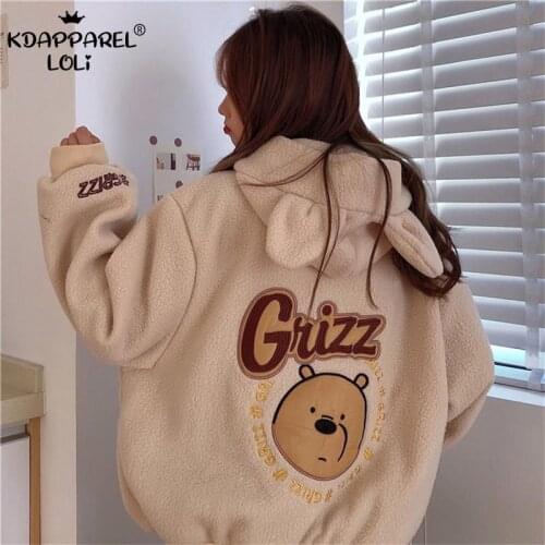 Spring Autumn Zipper Jacket Hooded Sweatshirt Women Sweet Girls Teens Bear Ears Flannel Fleece Hoodie Pocket Oversize Coat Loose