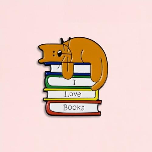 Reding Book Cat Enamel Pin I Love Books Badge Brooch Denim Jeans shirt bag Book Lover Jewelry Gift for Friends Students