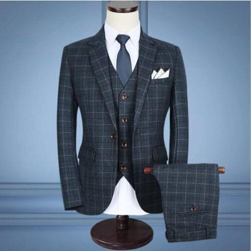 Korean Plaid Suit Three-piece Blazer Vest Trousers Suit 2020 New Groom Wedding Banquet Formal Wear Dress