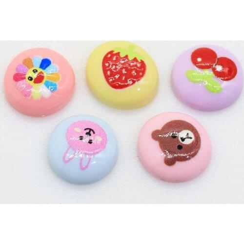 100/50pcs Mix Colors Bear Rabbit Cherry Strawberry Printed Resin Round Flatback Button Cabochons Decoration Home Garden Craft