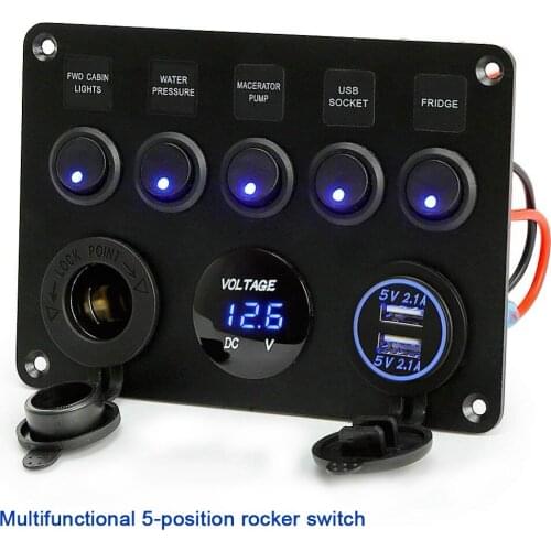 12V 5 Gang Rocker Switch Car LED Switch Panel Waterproof Digital Voltage Display Blue Light USB ON-OFF Marine Auto Panel Breaker