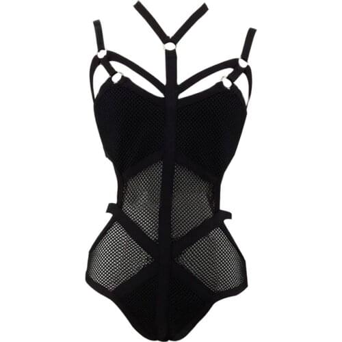 BEAUKEY Womens Swimsuit Black Rayon Cross Halter Neck Grid Perspective Knit Sexy Ladies New Fashion Bodycon Bandage Bodysuits