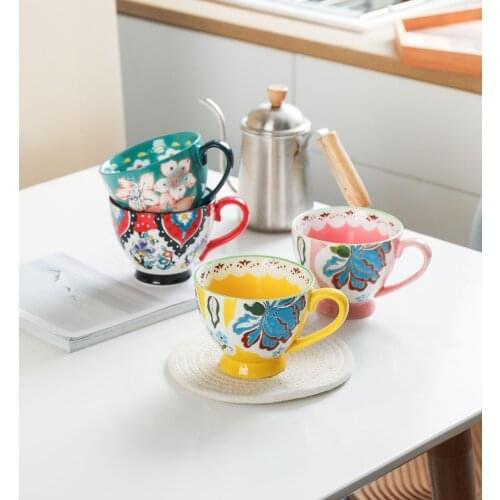 Hand Painted American Style Fashion Coffee Cup 480ml High Capacity Saucer Set with Ceramic Cappuccino Afternoon Tea Cup