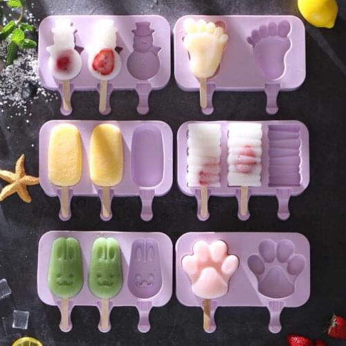 Cute Cartoon Ice Cream Mould Silicone Ice Cube Tray With Lid Kitchen Tool DIY Homemade Popsicle Maker With 50pcs Wood Sticks