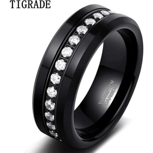 Tigrade 8mm Mens CZ Rings Black Tungsten Wedding Band Simulated Diamond Inlay Channel Set High Polished Comfort Fit