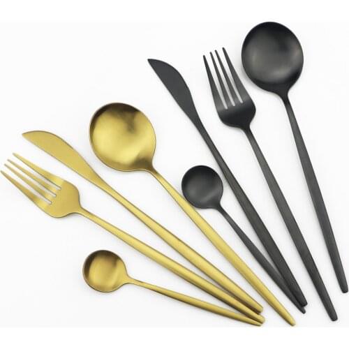 4Pcs Black Gold Tableware Set Knife Fork Spoon Cutlery Set Stainless Steel Dinnerware Set Matte Silverware Flatware Set