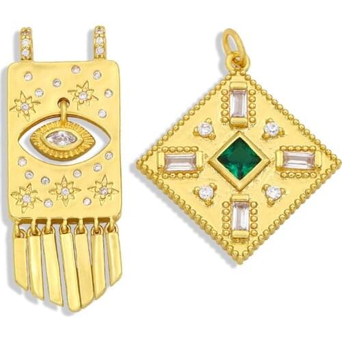 OCESRIO High Quality Brass Jewelry Supplies 18K Gold Plated Green CZ Evil Eye Charms for Necklace Jewelry Making DIY pdta340