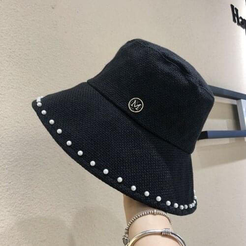 Autumn Cotton Linen Black Casual Fisherman Hat Korean Pearl Big Brim Bucket Cap M Letter Women Beach Sun Hat Cylind Hat Girl Men
