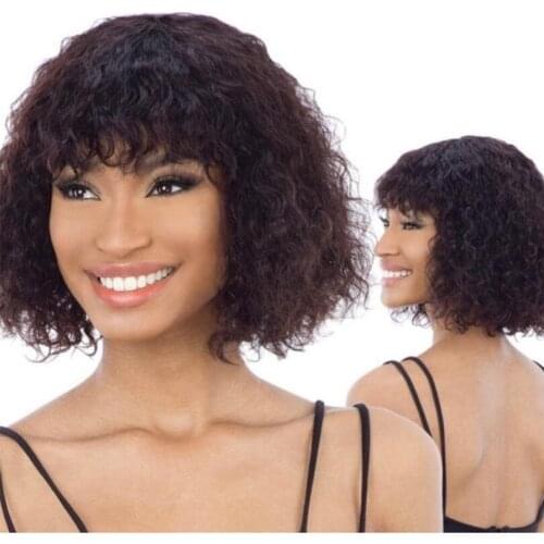 Water Wave Scalp Top Machine Wig 14inch 180 Density Brazilian Soft Human Hair Wigs with Bangs