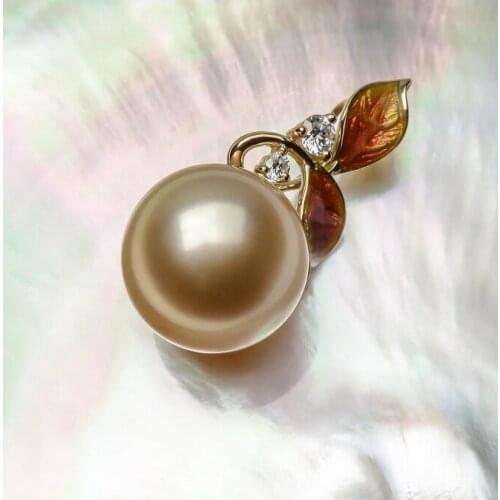 Free Shipping Gorgeous 11.4MM Golden Real South Sea Pearl Diamond Pendant 18k Yellow Gold
