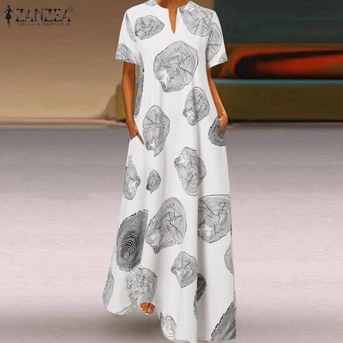 ZANZEA Summer Sundress Women Short Sleeve Vintage Floral Party Dress Casual V Neck Printed Loose Long Vestidos Robe Femme 2021