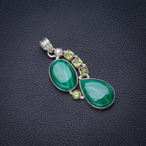 StarGems Natural Malachite Peridot And River Pearl Handmade 925 Sterling Silver Pendant 2" E3930