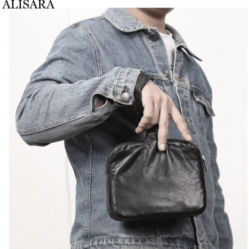 Alisara Men Casual Clutch Bag First Layer Sheepskin Leather High Quality Organizer Cell Phone Pack Simple Wrist Small Handbag
