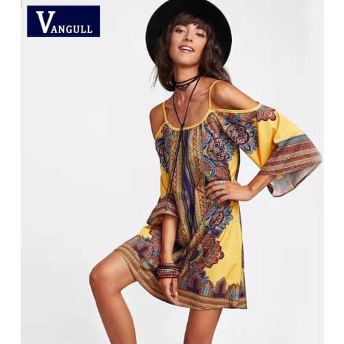 Vangull Women Beach Sling Dress With Two Colors Off The Shoulder Flared Sleeves Loose Waist Casual 2021 Summer New Female Dress