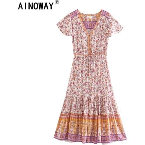 Vintage chic Boho women Floral print botton short sleeve beach Bohemian maxi dress Ladies V neck Tassel happie dress vestidos