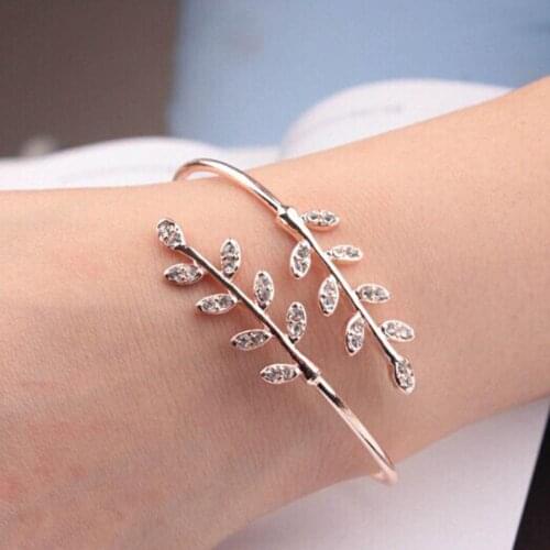 Women Fashion Rhinestone Inlaid Leaf Adjustable Opening Bracelet Bangle Jewelry