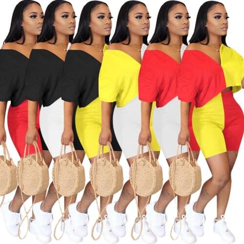 S-XL Fashion Casual 2 Piece Outfit Summer 2021 Stitching Color v Neck Top And Shorts Two Piece Set Wholesale Dropshipping