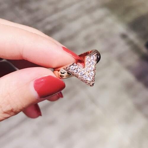 Romantic CZ Zircon V Letter Women Dazzling Gold Silver Color Adjustable Charm Bracelet Fashion Geometric Triangle Ring