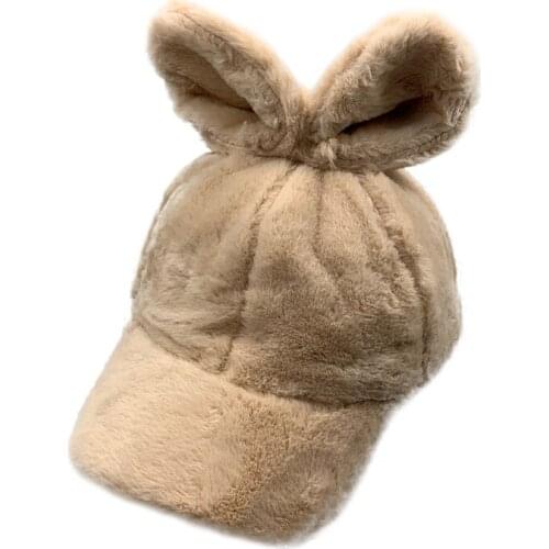 Winter Baseball Cap Womens Autumn Winter Solid Color Plush Baseball Hat Lovely Rabbit Ears Plus Cashmere Windproof Caps TG0149