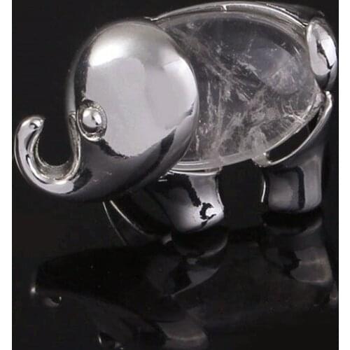 100-Unique 1 Pcs Silver Plated Elephant Shape Adjustable Finger Ring With Natural Clear Quartz Jewelry