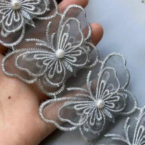 10X 3D Gray Pearl Double Layer Lace Trim Ribbon Mesh Bowknot Embroidered Applique Fabric DIY Wedding Dress Sewing Supplies 7CM
