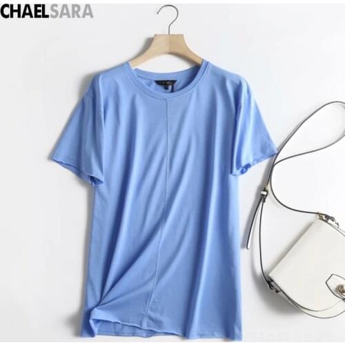 2021 Fashion Solid Cotton O-neck Loose Summer T Shirt Women Casual Blue Camisetas Verano Mujer