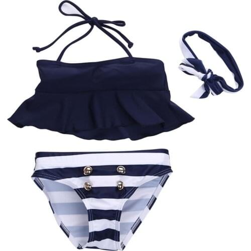 3pcs Set Fashion Casual Slim Striped Kids Baby Girl Bikini Suit Navy Swimsuit Swimwear Bathing Swimming Summer Clothes