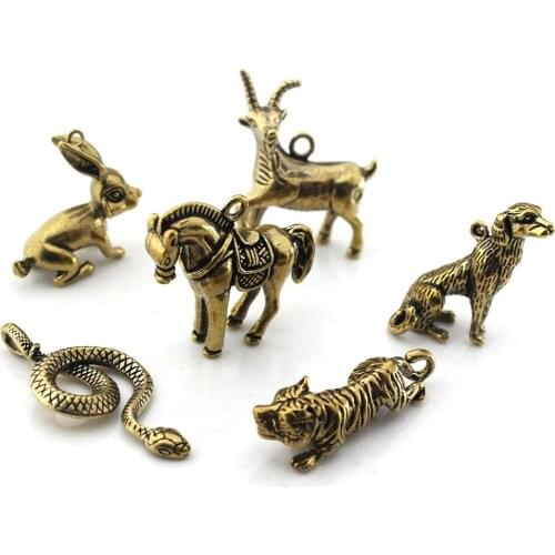 1pcs Solid Brass Keychain Charm Pendant High Quality Chinese Zodiac Signs Leather Craft DIY Decoration Keyring Animals CLOXY