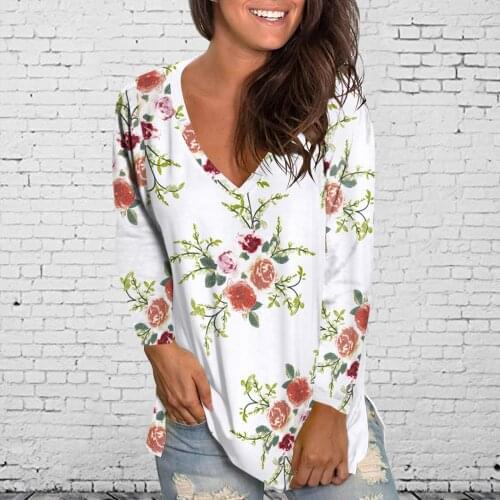 Harajuku T Shirt Floral Printed Long Sleeve V Neck Tops Women Dropshipping Summer Loose Oversize Street Clothes #T2P