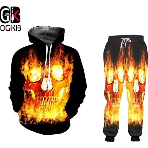 OGKB Mens Set 3D Pants And Hoodie Fire Skull 3D Hip Hop Printed Sweatshirt Jogger Pants Tracksuits Streetwear Sportswear Custom