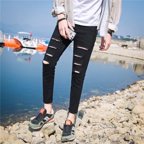 Summer 2020 street teenagers handsome casual one-word ripped jeans Korean small feet ankle length pants black slim mens pants