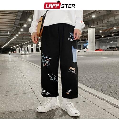 LAPPSTER Men Patchwork Black Harem Pants 2021 Mens Korean Fashions Baggy Joggers Pants Male Korean Fashion Casual Sweatpants 5XL