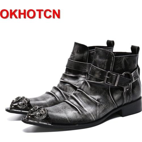Retro Mens Cowboy Boots Buckle Straps Genuine Leather Boots Men Western Ankle Boots Zipper Metal Toe Safety Shoes Men Plus Size