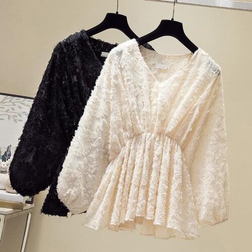 Oversized 3XL Solid Women Blouse Summer New 2021 V-Neck Lantern Sleeved Slim Elegant Office Lady Pulls Tops