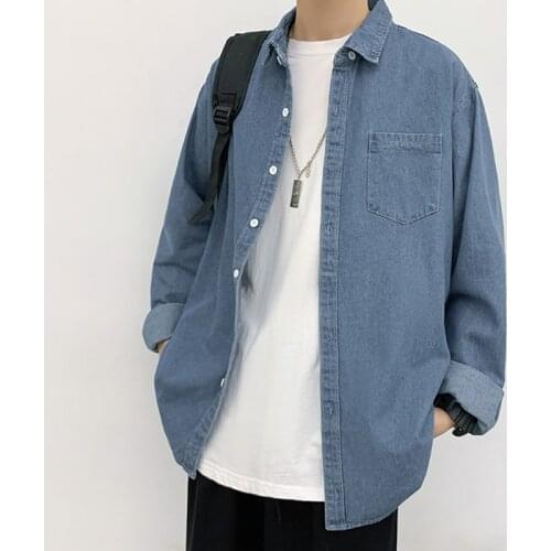New Cotton Denim Thin Jacket Korean style trendy denim shirt mens long-sleeved autumn Hong Kong style loose Japanese solid colo