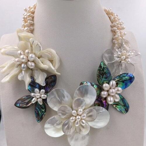 3rows freshwater pearl and wihte shell abalone shell flower necklace 19inch nature gift baroque wholesale beads FPPJ