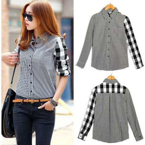 Women Lady Office Ladies Summer Plaid Shirt Long Sleeve Patchwork Button Fashion Lapel Slim Fit Casual Tops