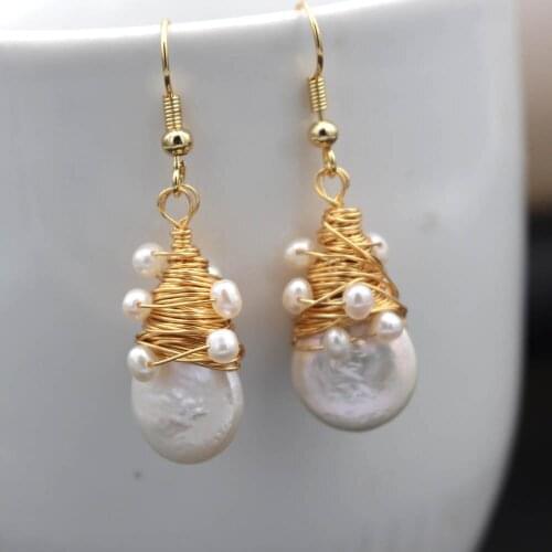 10pairs Big Freshwater Pearl Beads Pendant Drop Dangle Earrings Handmade Gold Wire Wrapped Earrigns Woman Wedding Date Jewelry