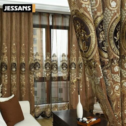 Chenille Embroidered Curtains High Shading European Style Embroidered Screen Curtains For Living Room Bedroom